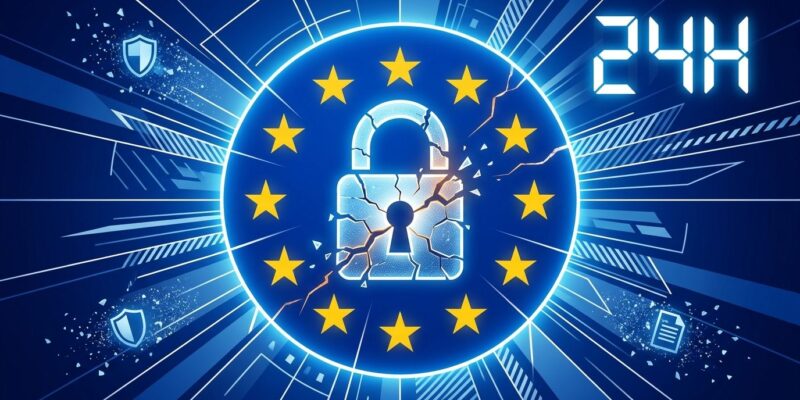 EU Cyber Resilience Act compliance deadline illustration with EU flag, digital padlock, and 24-hour warning timer