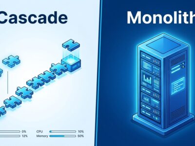 Split-screen comparison of Cascade lazy-load agent architecture versus traditional monolithic agent stack for Manus 2.0