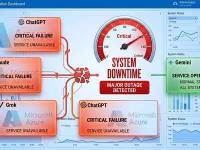 Dashboard showing simultaneous ChatGPT, Claude, and Grok platform outages with Azure East US as common failure point