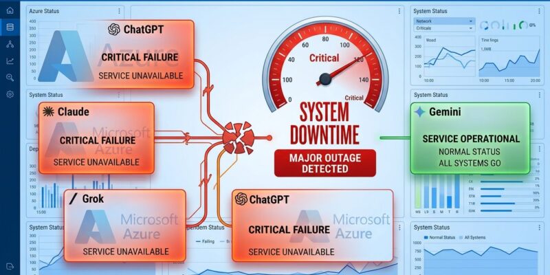 Dashboard showing simultaneous ChatGPT, Claude, and Grok platform outages with Azure East US as common failure point