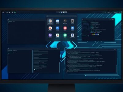 Noctalia 5 Wayland desktop shell interface showing a sleek dark Linux desktop with blue and cyan panel bar and launcher
