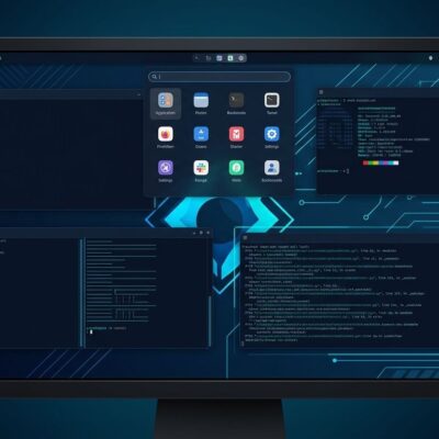 Noctalia 5 Wayland desktop shell interface showing a sleek dark Linux desktop with blue and cyan panel bar and launcher