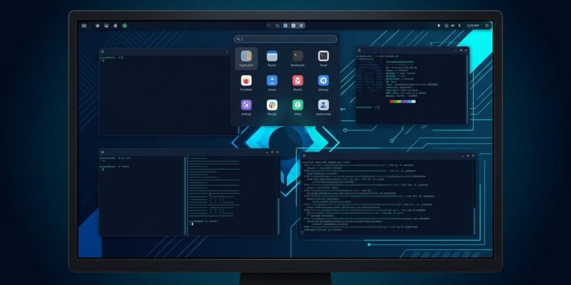 Noctalia 5 Wayland desktop shell interface showing a sleek dark Linux desktop with blue and cyan panel bar and launcher