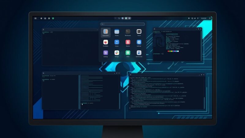 Noctalia 5 Wayland desktop shell interface showing a sleek dark Linux desktop with blue and cyan panel bar and launcher