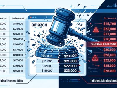 Digital gavel striking a rigged ad auction interface showing corrupted bid prices - FTC Amazon lawsuit illustration