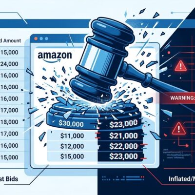 Digital gavel striking a rigged ad auction interface showing corrupted bid prices - FTC Amazon lawsuit illustration