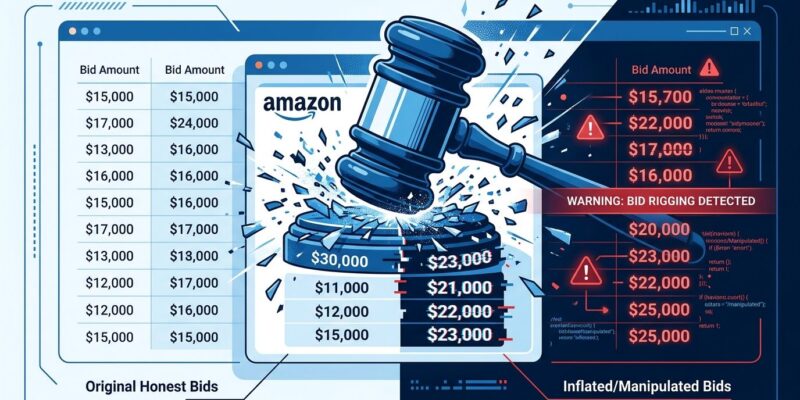 Digital gavel striking a rigged ad auction interface showing corrupted bid prices - FTC Amazon lawsuit illustration