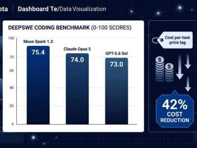 Data visualization chart comparing Muse Spark 1.3, Claude Opus 5, and GPT-5.6 Sol coding benchmark scores and pricing