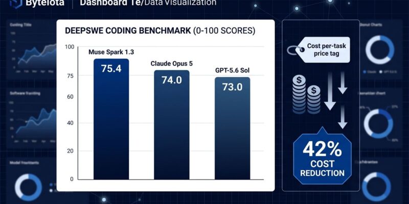 Data visualization chart comparing Muse Spark 1.3, Claude Opus 5, and GPT-5.6 Sol coding benchmark scores and pricing