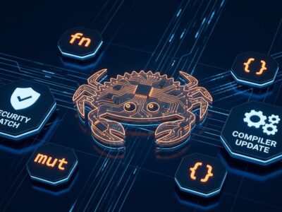 Rust crab mascot Ferris surrounded by compiler and security icons on dark blue background