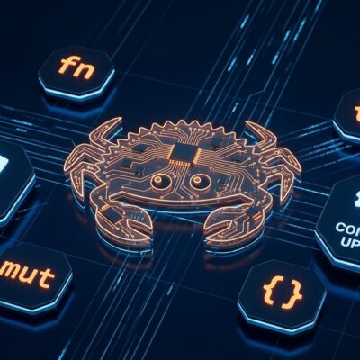 Rust crab mascot Ferris surrounded by compiler and security icons on dark blue background