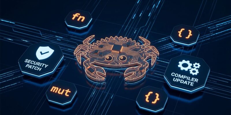 Rust crab mascot Ferris surrounded by compiler and security icons on dark blue background