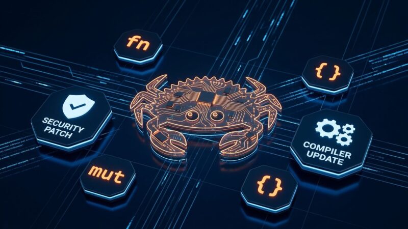 Rust crab mascot Ferris surrounded by compiler and security icons on dark blue background