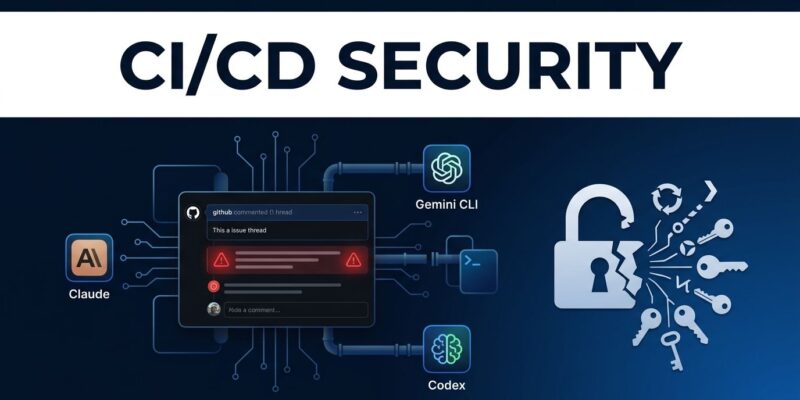 Diagram showing AI coding agents (Claude Code, Gemini CLI, Codex) being exploited through a malicious GitHub issue to leak CI/CD runner secrets