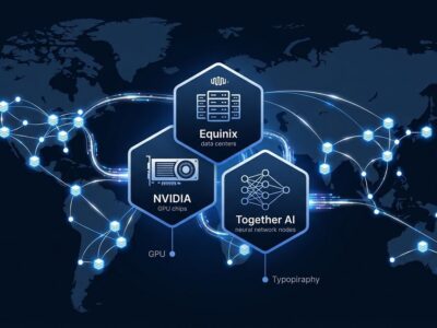 Equinix Inference Exchange global network map showing data center nodes connected by data streams representing distributed AI inference with Together AI and NVIDIA