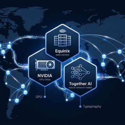 Equinix Inference Exchange global network map showing data center nodes connected by data streams representing distributed AI inference with Together AI and NVIDIA