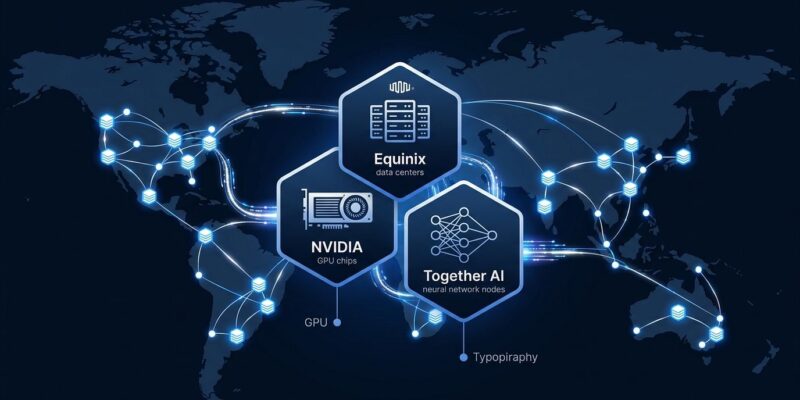 Equinix Inference Exchange global network map showing data center nodes connected by data streams representing distributed AI inference with Together AI and NVIDIA