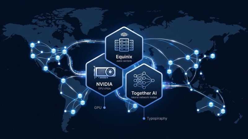 Equinix Inference Exchange global network map showing data center nodes connected by data streams representing distributed AI inference with Together AI and NVIDIA