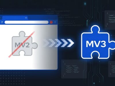 Chrome browser showing Manifest V2 to Manifest V3 extension migration with code snippets