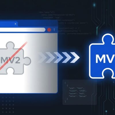 Chrome browser showing Manifest V2 to Manifest V3 extension migration with code snippets