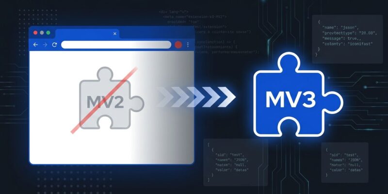 Chrome browser showing Manifest V2 to Manifest V3 extension migration with code snippets