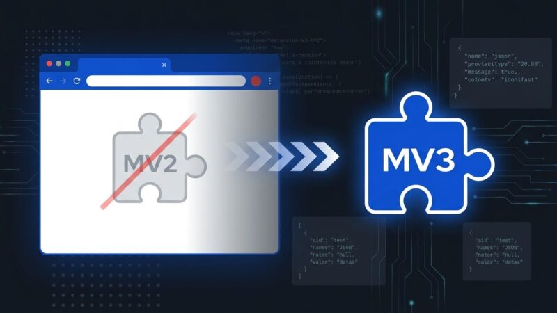 Chrome browser showing Manifest V2 to Manifest V3 extension migration with code snippets