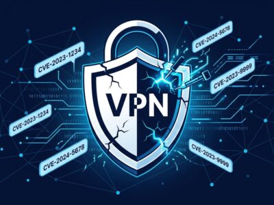 OpenVPN 2.7.7 security patch illustration showing a shield with CVE badges on a dark blue network background