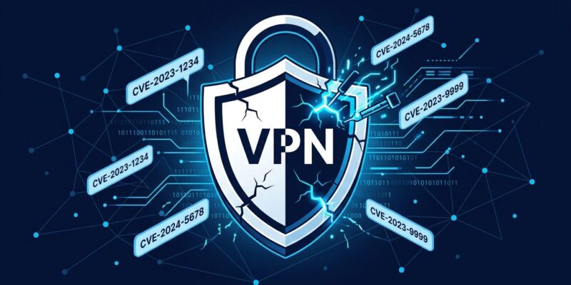 OpenVPN 2.7.7 security patch illustration showing a shield with CVE badges on a dark blue network background