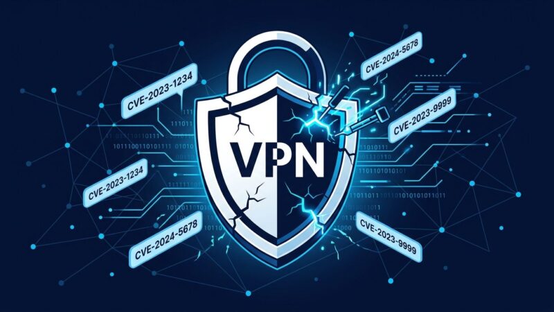 OpenVPN 2.7.7 security patch illustration showing a shield with CVE badges on a dark blue network background