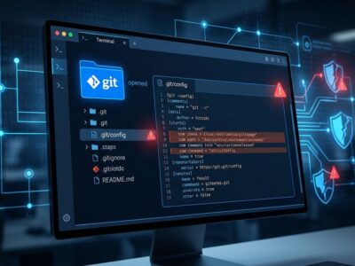 Terminal interface showing a malicious .git/config file being opened by an AI coding agent, with security warning indicators in blue and red
