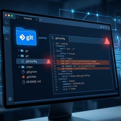 Terminal interface showing a malicious .git/config file being opened by an AI coding agent, with security warning indicators in blue and red