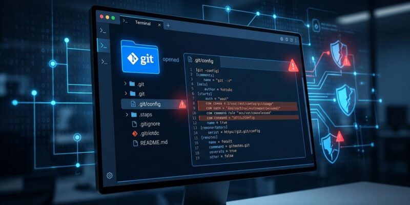 Terminal interface showing a malicious .git/config file being opened by an AI coding agent, with security warning indicators in blue and red