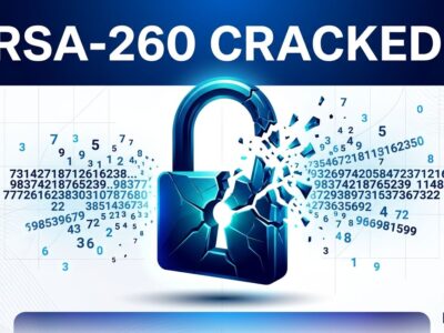 Broken padlock with prime number fragments dispersing outward, representing RSA-260 factorization