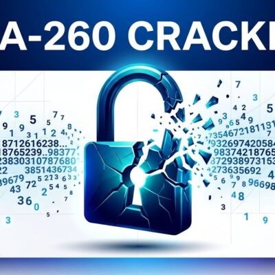 Broken padlock with prime number fragments dispersing outward, representing RSA-260 factorization