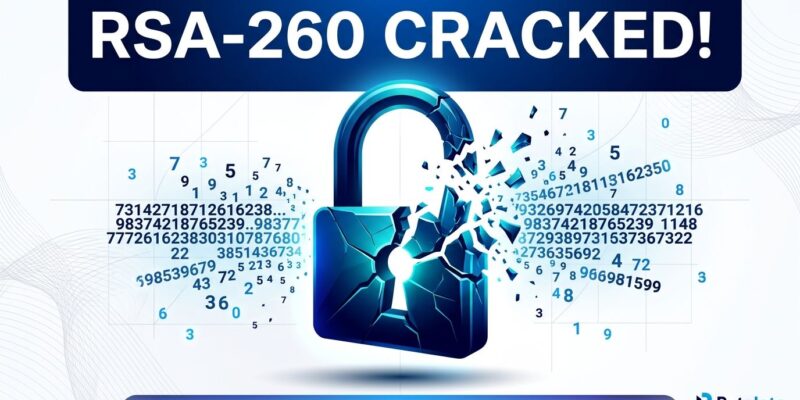 Broken padlock with prime number fragments dispersing outward, representing RSA-260 factorization