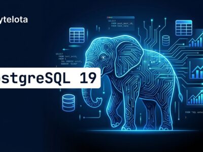 PostgreSQL 19 elephant mascot with database icons and circuit lines on dark blue background