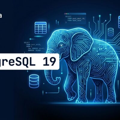PostgreSQL 19 elephant mascot with database icons and circuit lines on dark blue background
