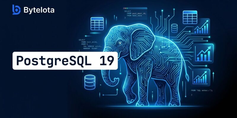 PostgreSQL 19 elephant mascot with database icons and circuit lines on dark blue background