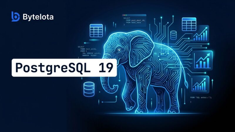 PostgreSQL 19 elephant mascot with database icons and circuit lines on dark blue background