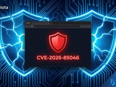 Chrome browser warning shield showing CVE-2026-85046 V8 zero-day vulnerability with blue circuit board background