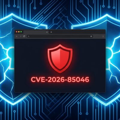 Chrome browser warning shield showing CVE-2026-85046 V8 zero-day vulnerability with blue circuit board background