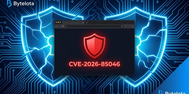 Chrome browser warning shield showing CVE-2026-85046 V8 zero-day vulnerability with blue circuit board background