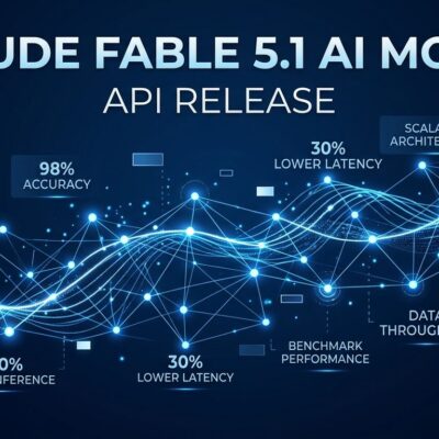 Abstract neural network visualization representing Claude Fable 5.1 AI model API release with blue nodes and data flow connections