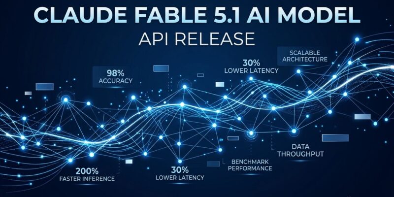 Abstract neural network visualization representing Claude Fable 5.1 AI model API release with blue nodes and data flow connections