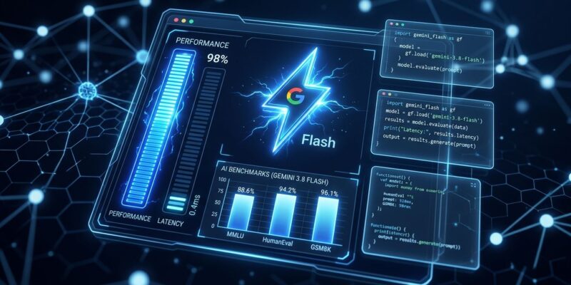 Google Gemini 3.8 Flash AI model benchmark dashboard showing performance metrics for coding agents