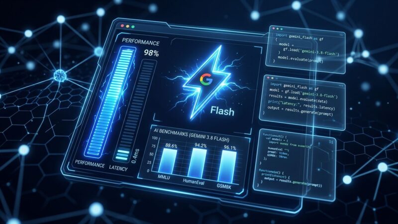 Google Gemini 3.8 Flash AI model benchmark dashboard showing performance metrics for coding agents