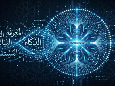 humain-m3: Arabic neural network nodes and calligraphy transforming into AI circuit patterns — HUMAIN's 428B mixture-of-experts model