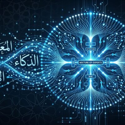 humain-m3: Arabic neural network nodes and calligraphy transforming into AI circuit patterns — HUMAIN's 428B mixture-of-experts model