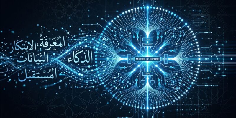 humain-m3: Arabic neural network nodes and calligraphy transforming into AI circuit patterns — HUMAIN's 428B mixture-of-experts model