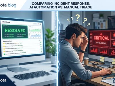 Split-screen showing AI dashboard resolving incidents automatically on left vs engineer overwhelmed by critical alert on right